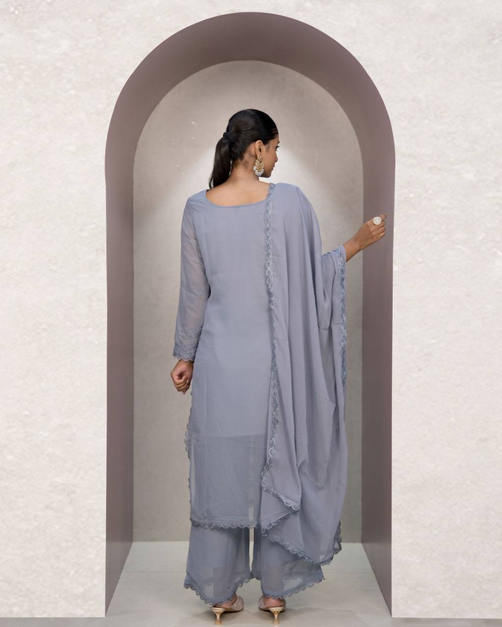 Grey Faux Georgette Embroidered Kurti Set with Dupatta for Women