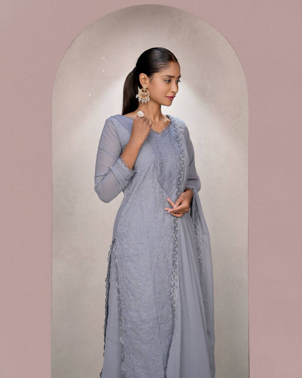 Grey Faux Georgette Embroidered Kurti Set with Dupatta for Women