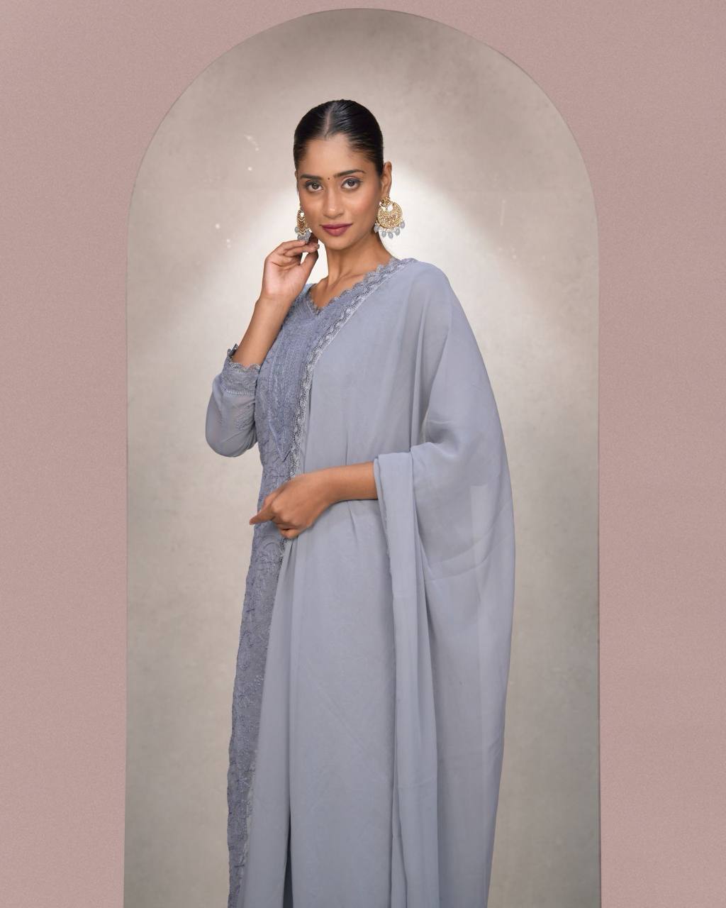 Grey Faux Georgette Embroidered Kurti Set with Dupatta for Women