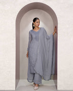 Grey Faux Georgette Embroidered Kurti Set with Dupatta for Women