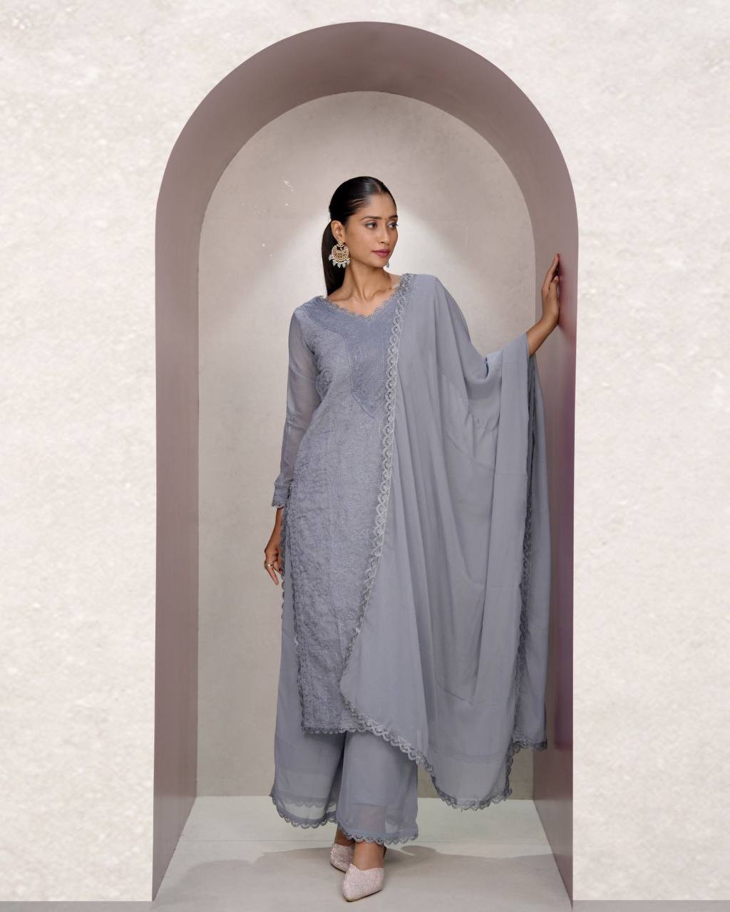 Grey Faux Georgette Embroidered Kurti Set with Dupatta for Women