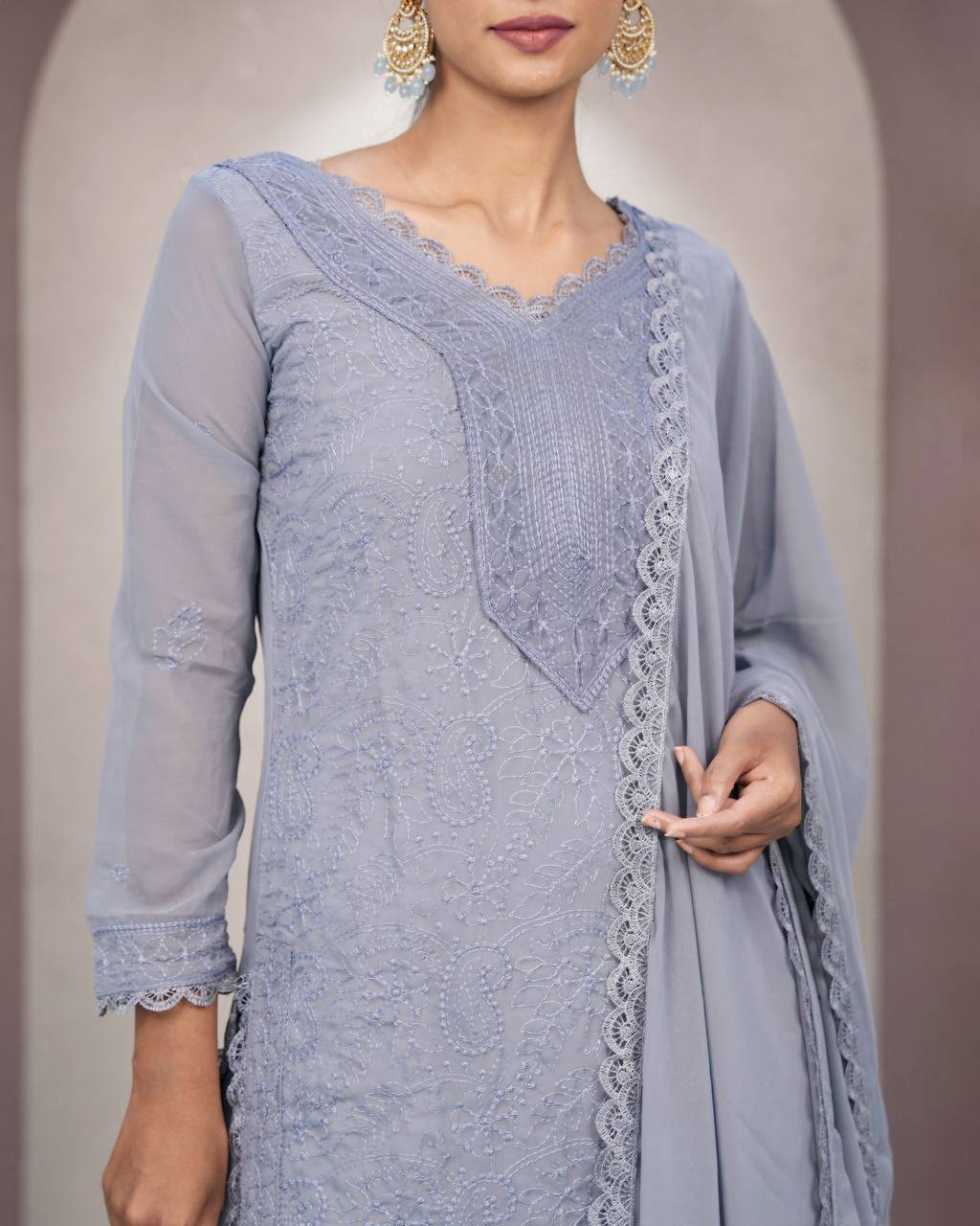 Grey Faux Georgette Embroidered Kurti Set with Dupatta for Women