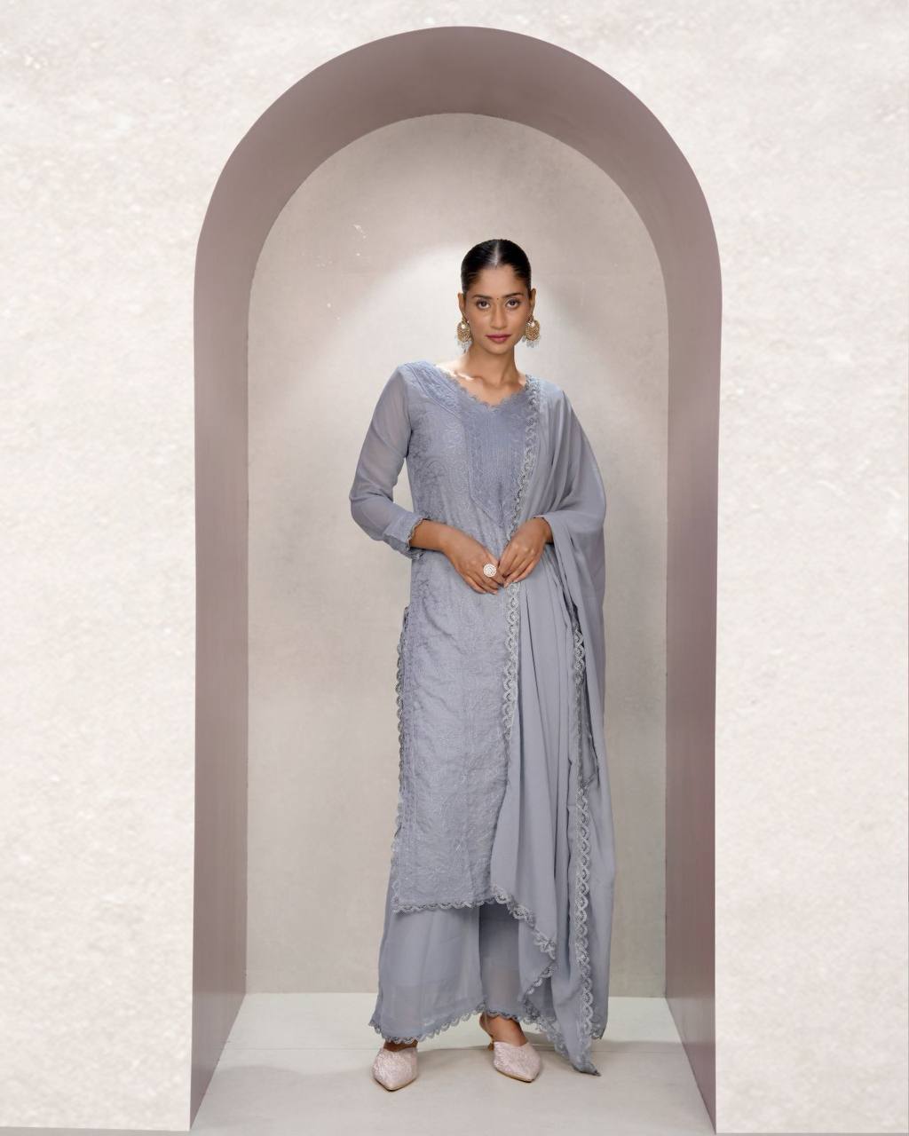 Grey Faux Georgette Embroidered Kurti Set with Dupatta for Women