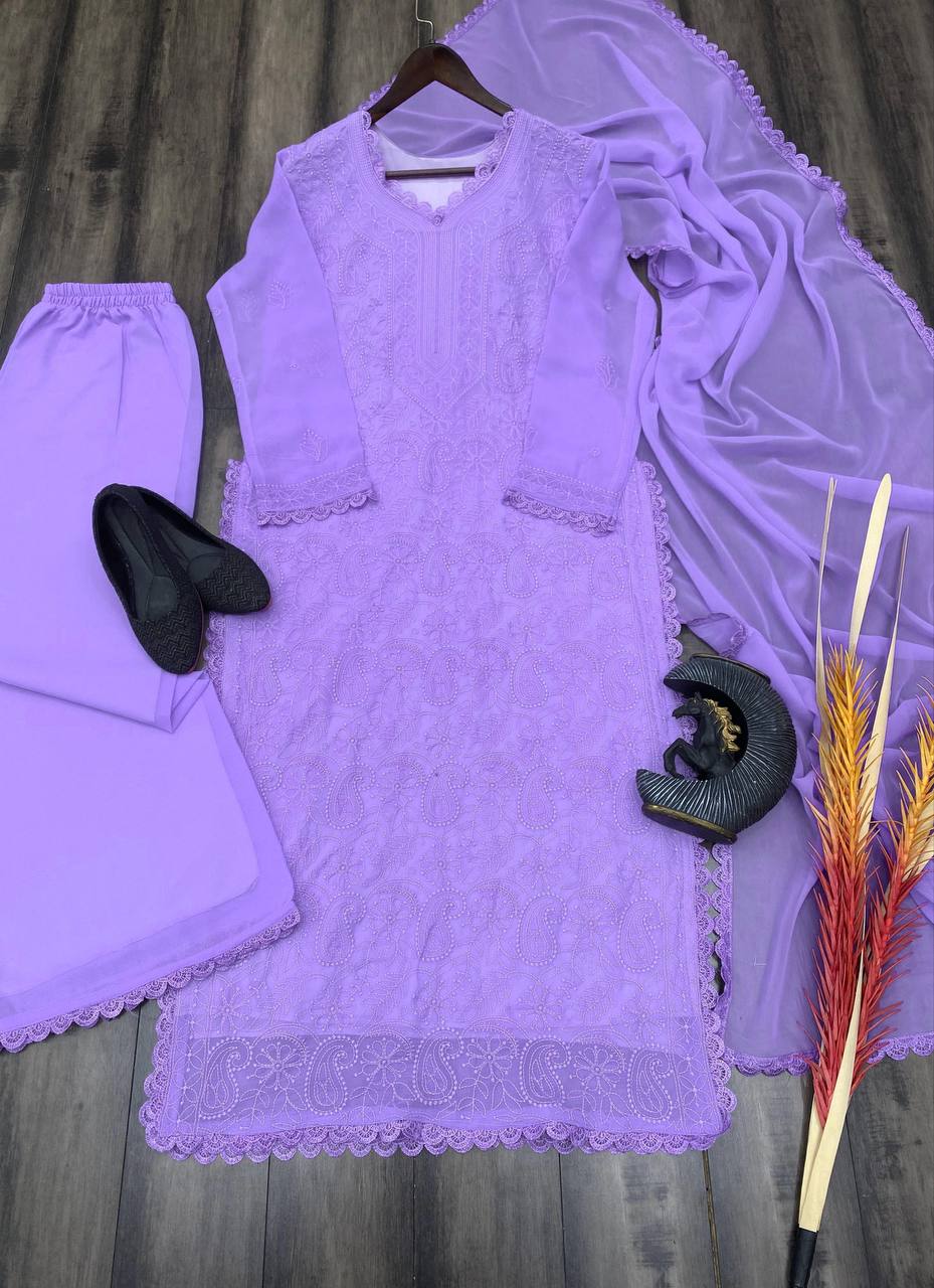 Lavender Faux Georgette Thread Embroidered Kurti With Pant & Dupatta Set | For Women