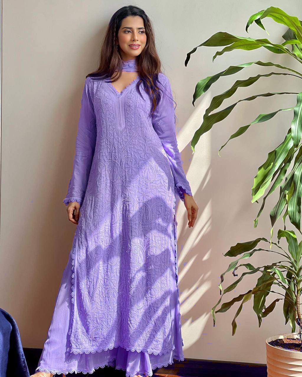 Lavender Faux Georgette Thread Embroidered Kurti With Pant & Dupatta Set | For Women