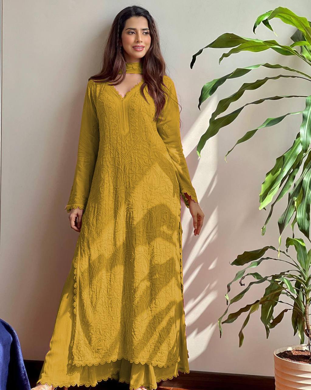 Yellow Faux Georgette Thread Embroidered Kurti Set with Pant & Dupatta for Women