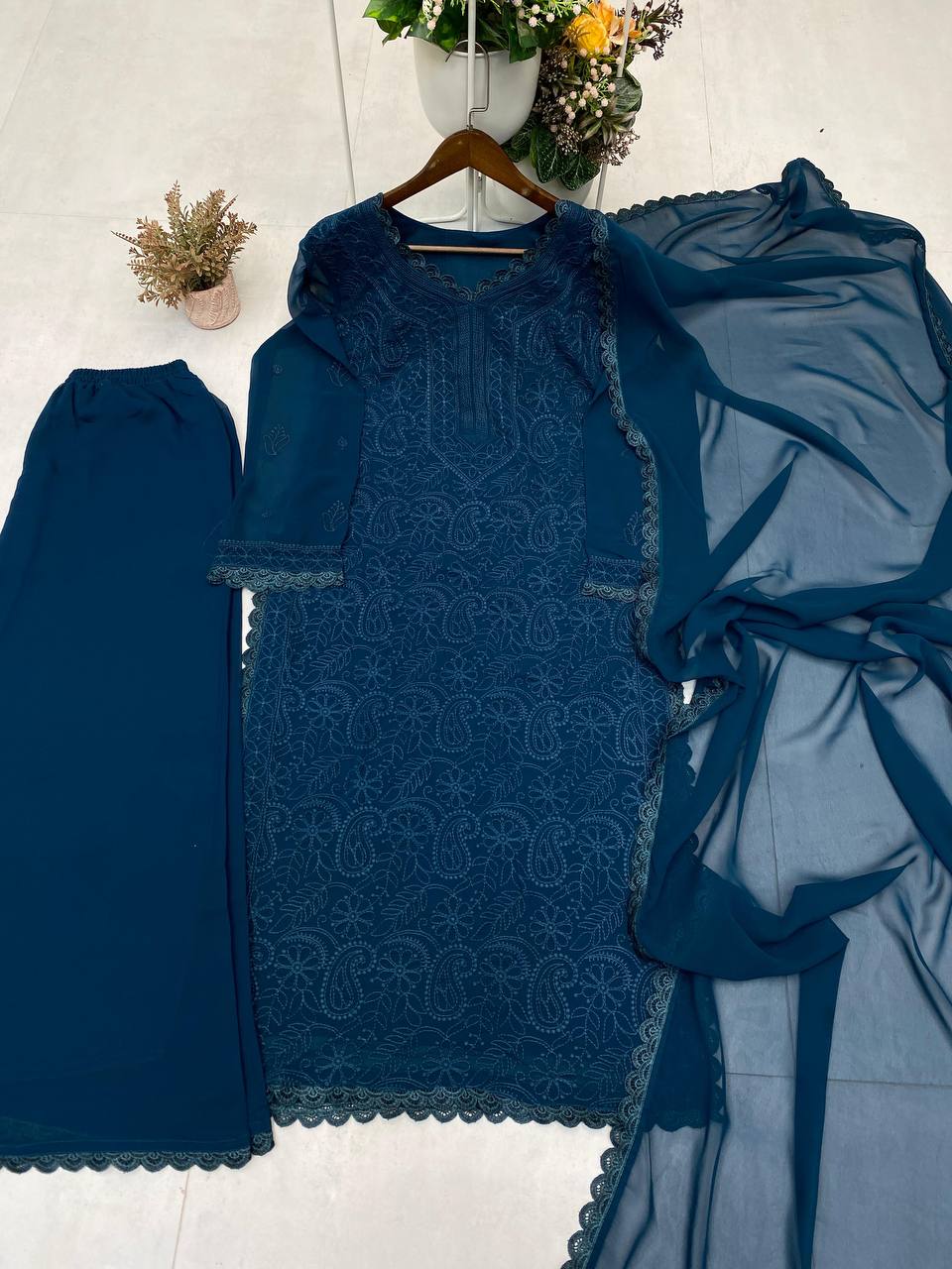 Blue Faux Georgette Thread Embroidered Kurti Set with Pant & Dupatta for Women