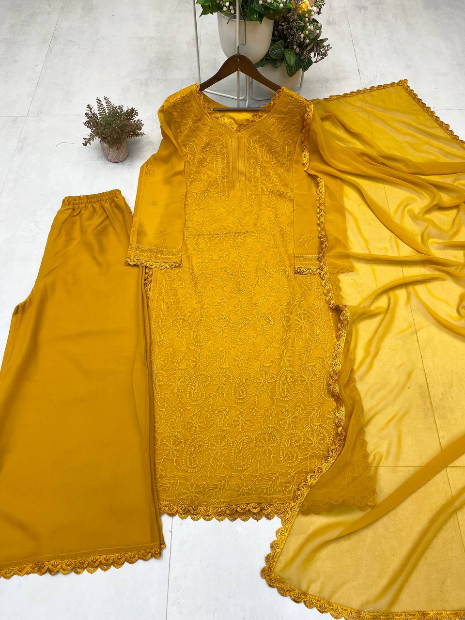 Yellow Faux Georgette Thread Embroidered Kurti Set with Pant & Dupatta for Women