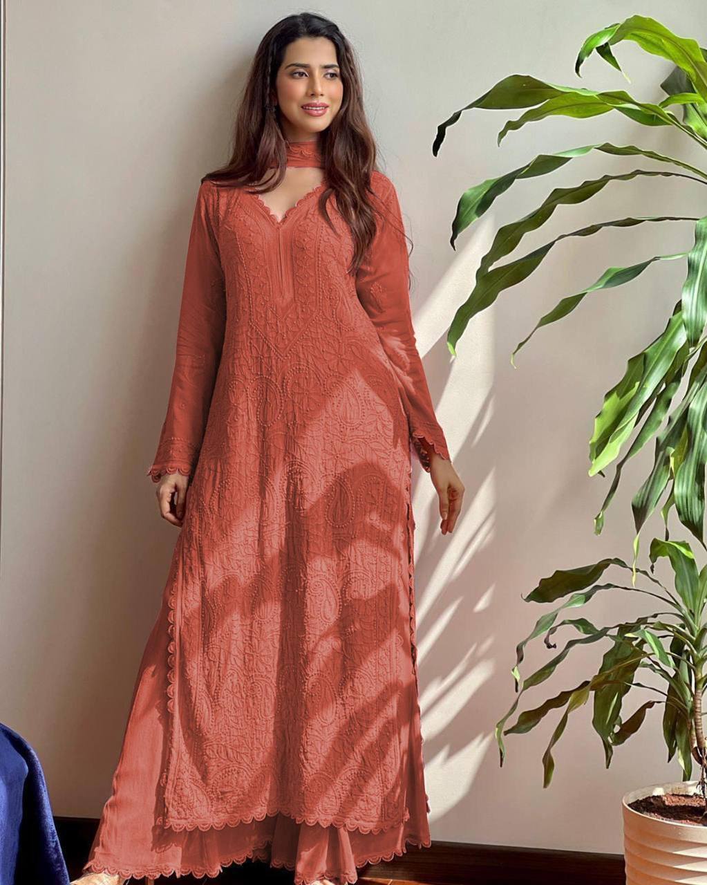 Orange Faux Georgette Thread Embroidered Kurti Set with Pant & Dupatta for Women