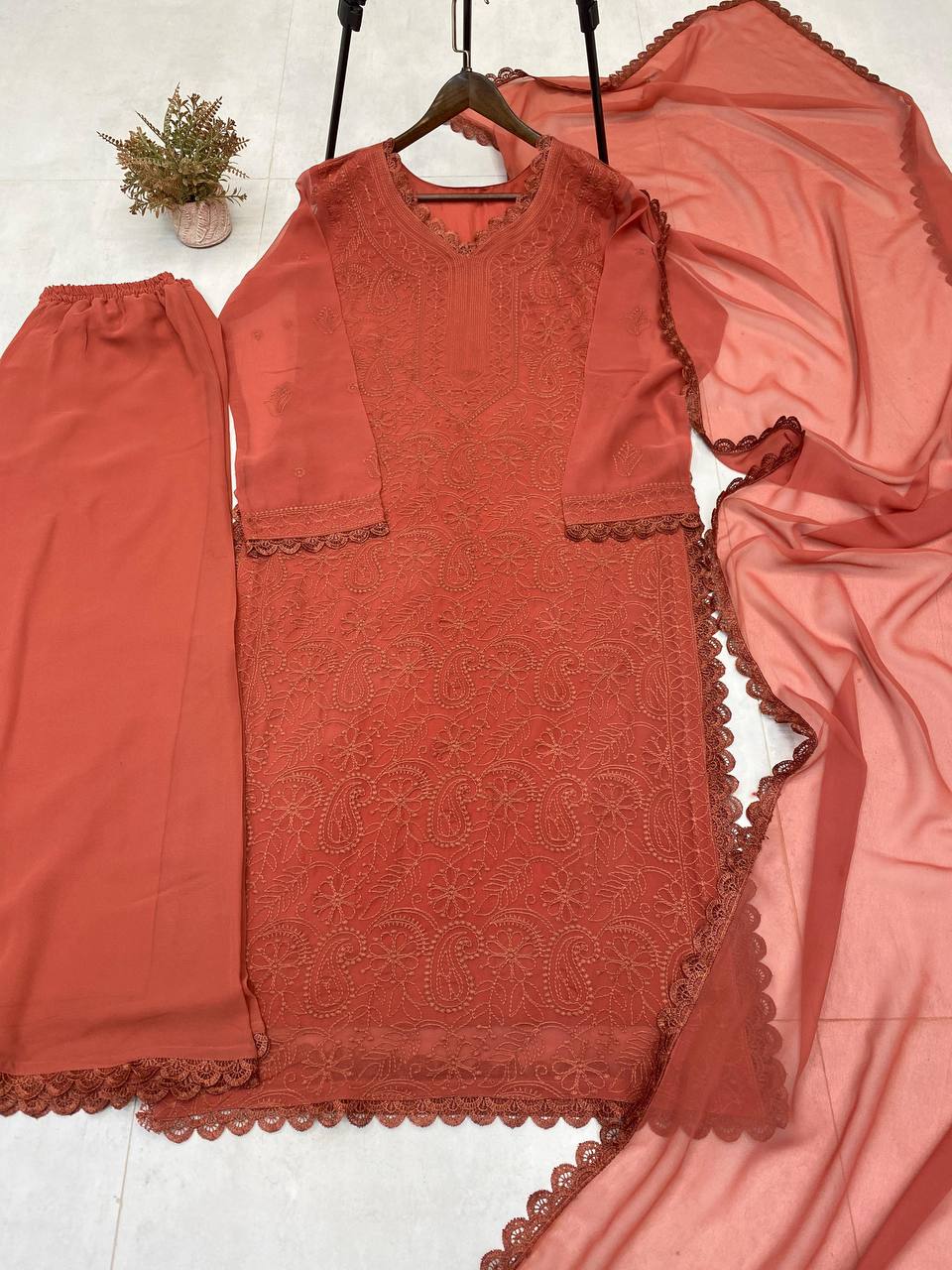 Orange Faux Georgette Thread Embroidered Kurti Set with Pant & Dupatta for Women
