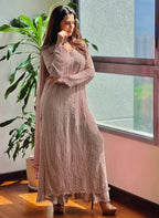 Baby Pink Faux Georgette Thread Embroidered Kurti Set with Pant & Dupatta for Women