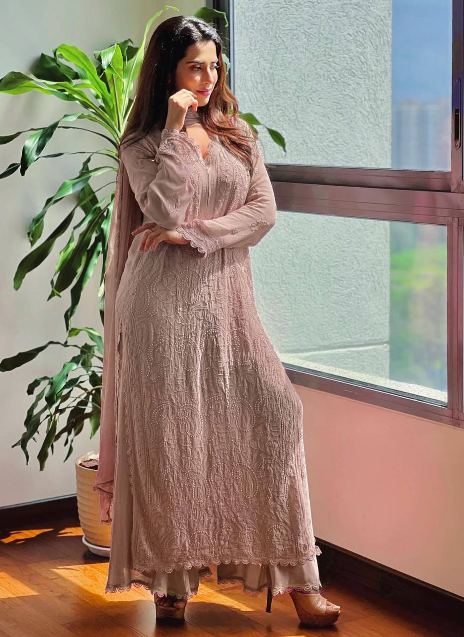 Baby Pink Faux Georgette Thread Embroidered Kurti Set with Pant & Dupatta for Women