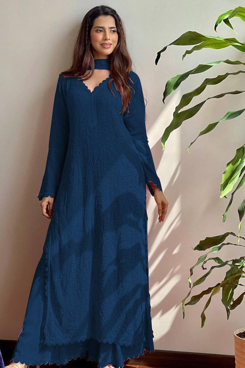 Faux Georgette Thread Embroidered Kurti Set with Pant & Dupatta