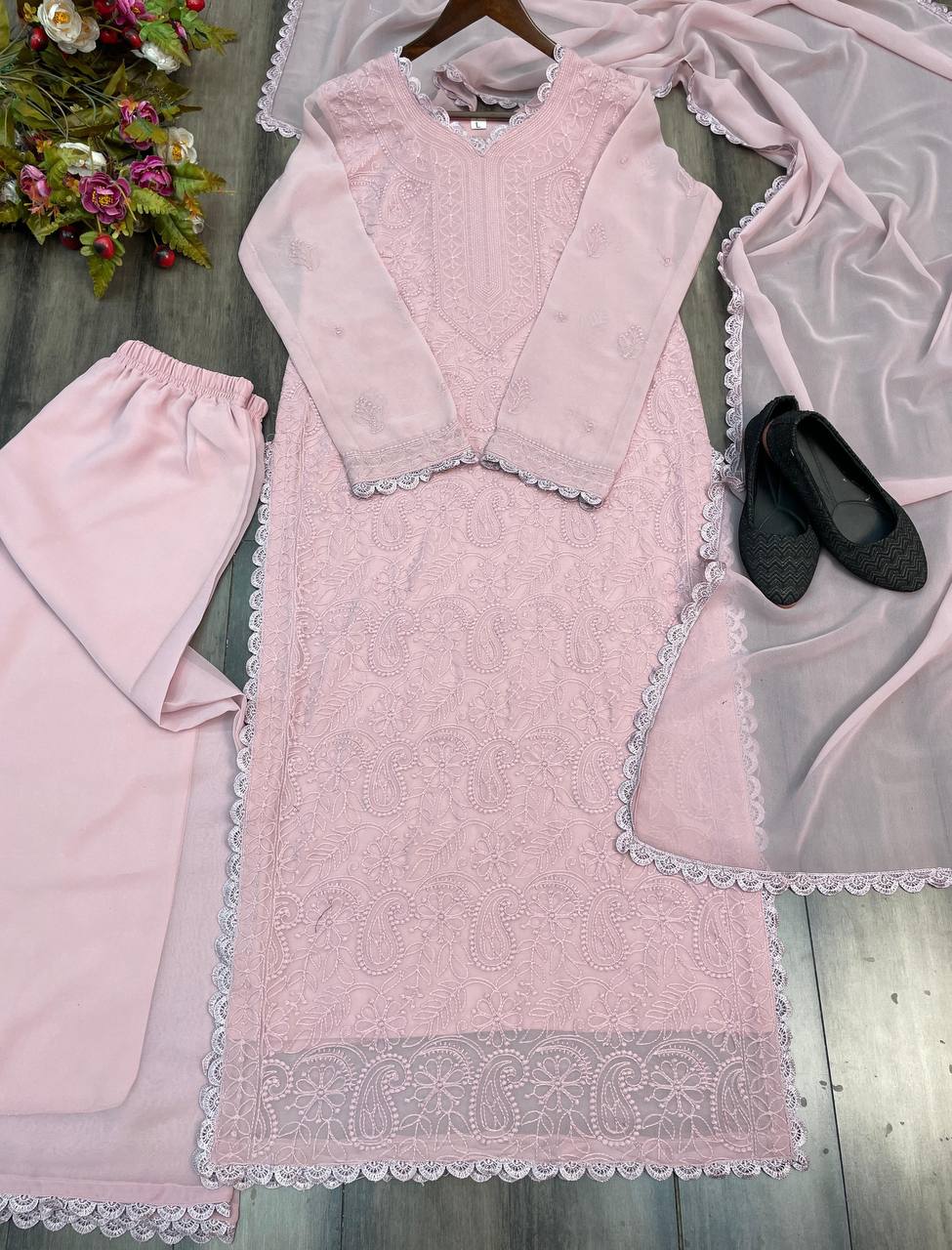 Baby Pink Faux Georgette Thread Embroidered Kurti Set with Pant & Dupatta for Women