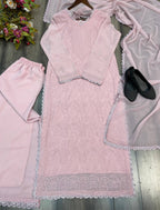Baby Pink Faux Georgette Thread Embroidered Kurti Set with Pant & Dupatta for Women