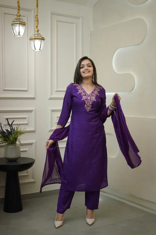 Purple Vichitra Silk Embroidered Kurti Set with Pant & Dupatta for Women