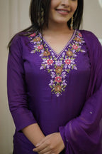 Purple Vichitra Silk Embroidered Kurti Set with Pant & Dupatta for Women
