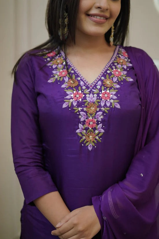 Purple Vichitra Silk Embroidered Kurti Set with Pant & Dupatta for Women