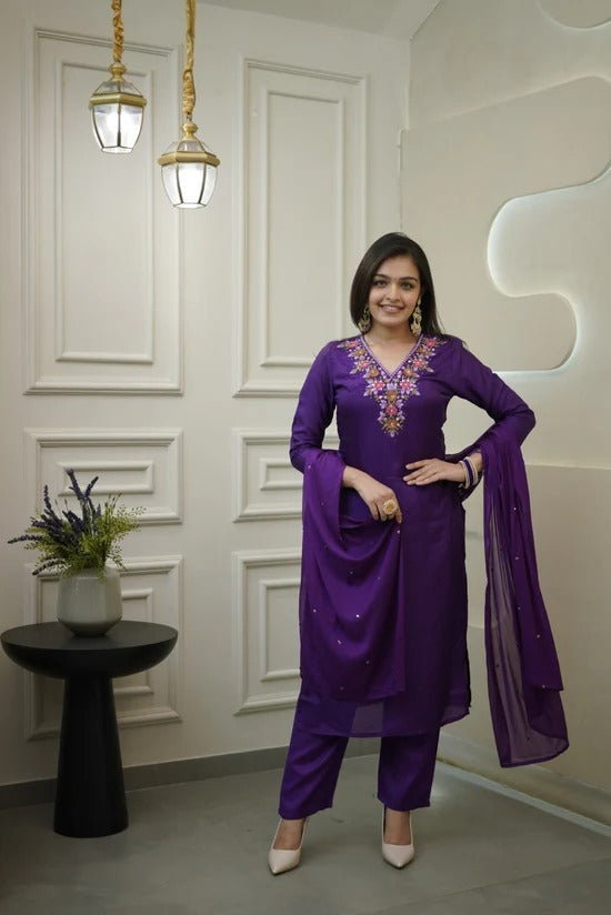 Purple Vichitra Silk Embroidered Kurti Set with Pant & Dupatta for Women