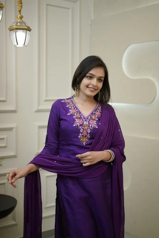 Purple Vichitra Silk Embroidered Kurti Set with Pant & Dupatta for Women