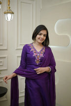 Purple Vichitra Silk Embroidered Kurti Set with Pant & Dupatta for Women