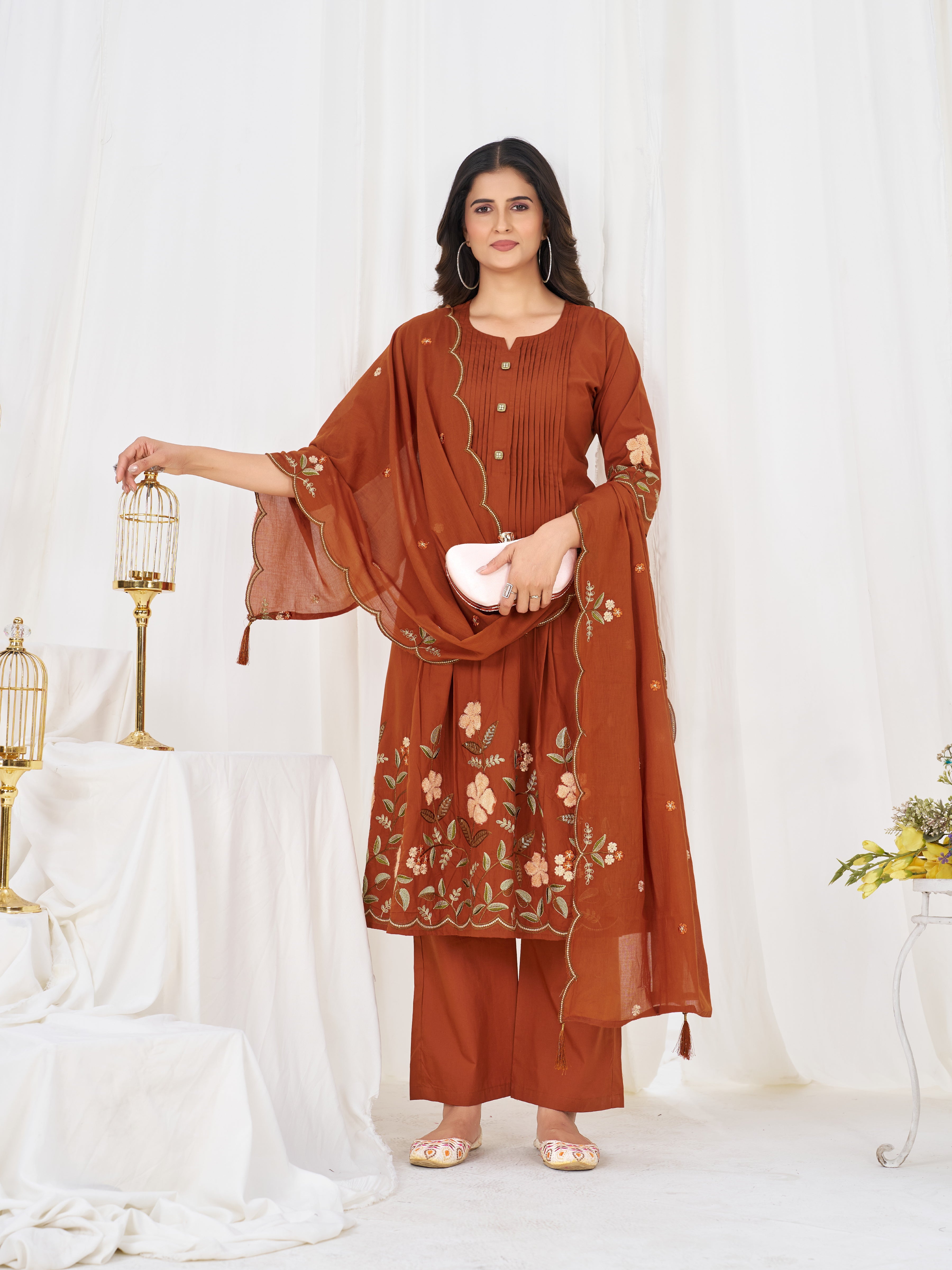 Pure Cotton Anarkali Kurti Set with Embroidered Dupatta   3 Piece Ethnic Suit Set