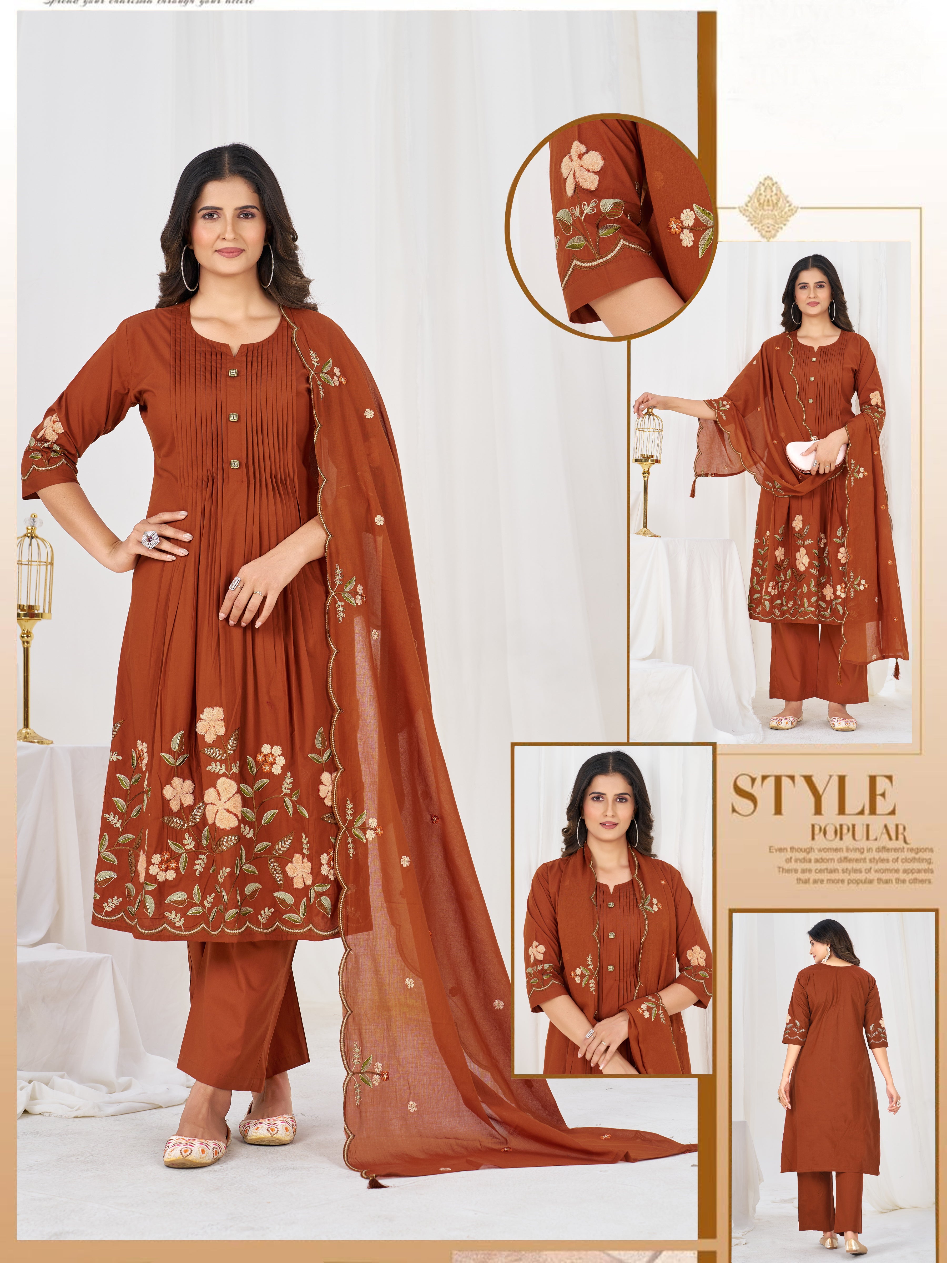 Pure Cotton Anarkali Kurti Set with Embroidered Dupatta   3 Piece Ethnic Suit Set