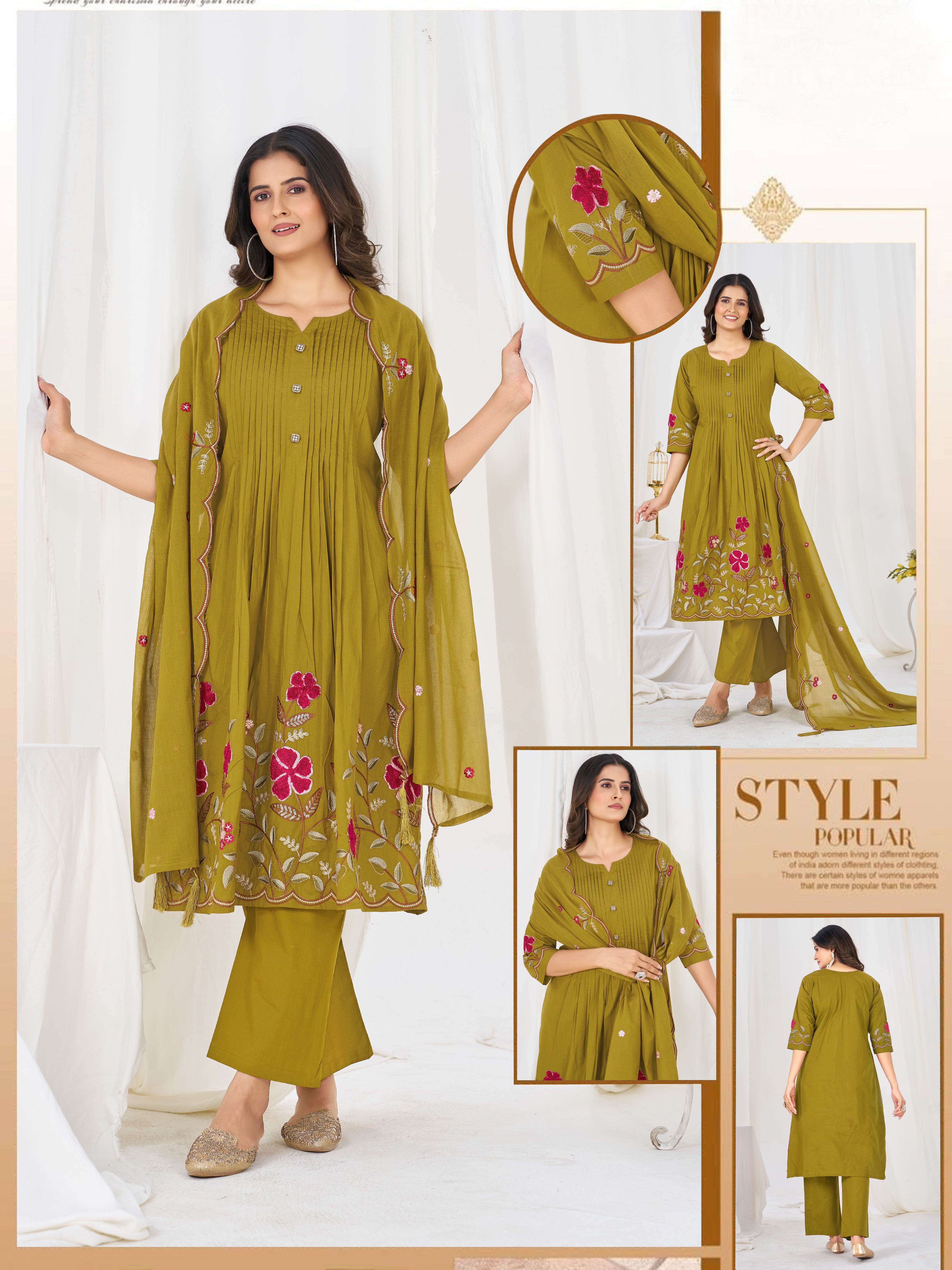 Pure Cotton Anarkali Kurti Set with Embroidered Dupatta   3 Piece Ethnic Suit Set