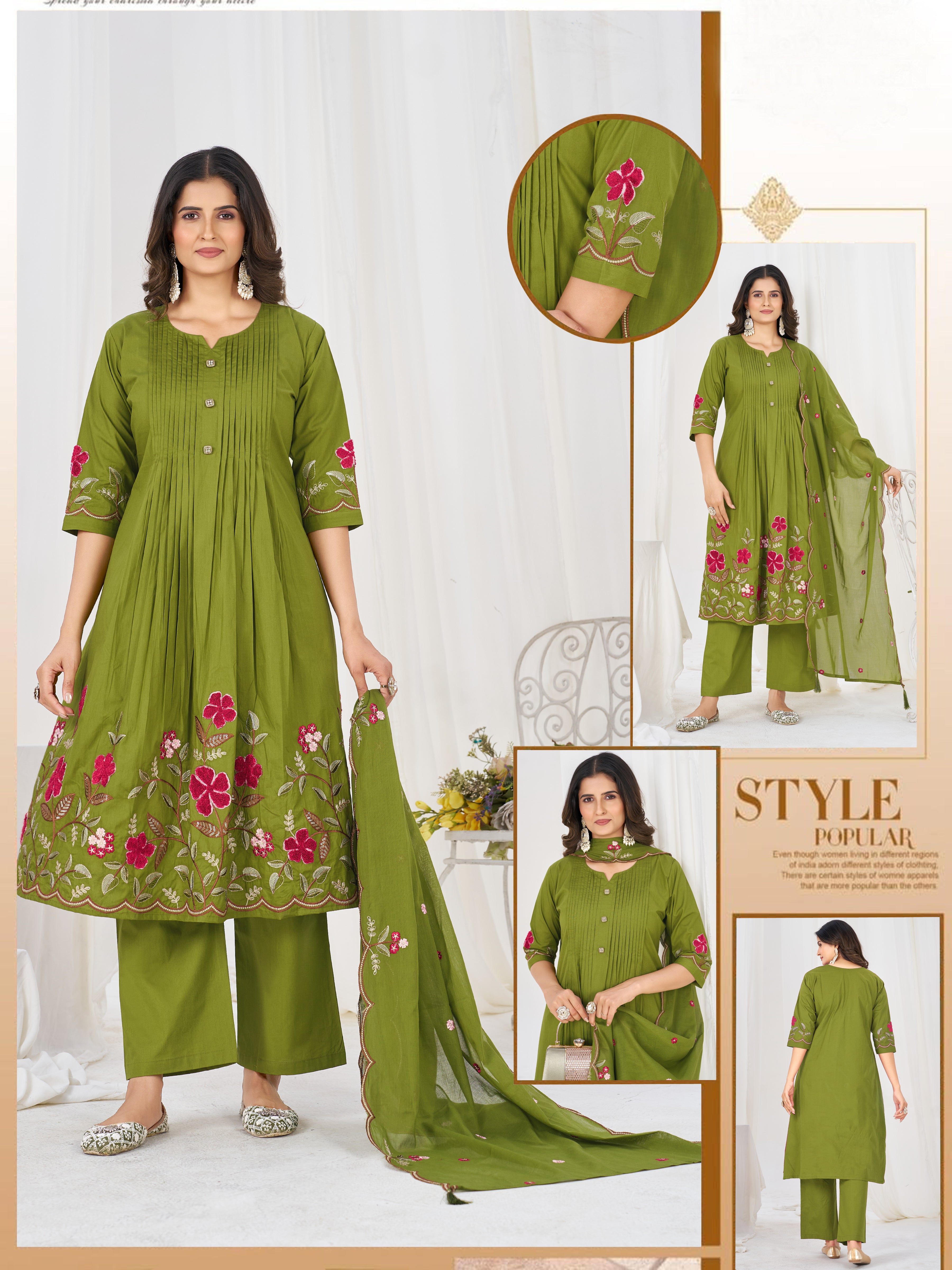 Pure Cotton Anarkali Kurti Set with Embroidered Dupatta   3 Piece Ethnic Suit Set