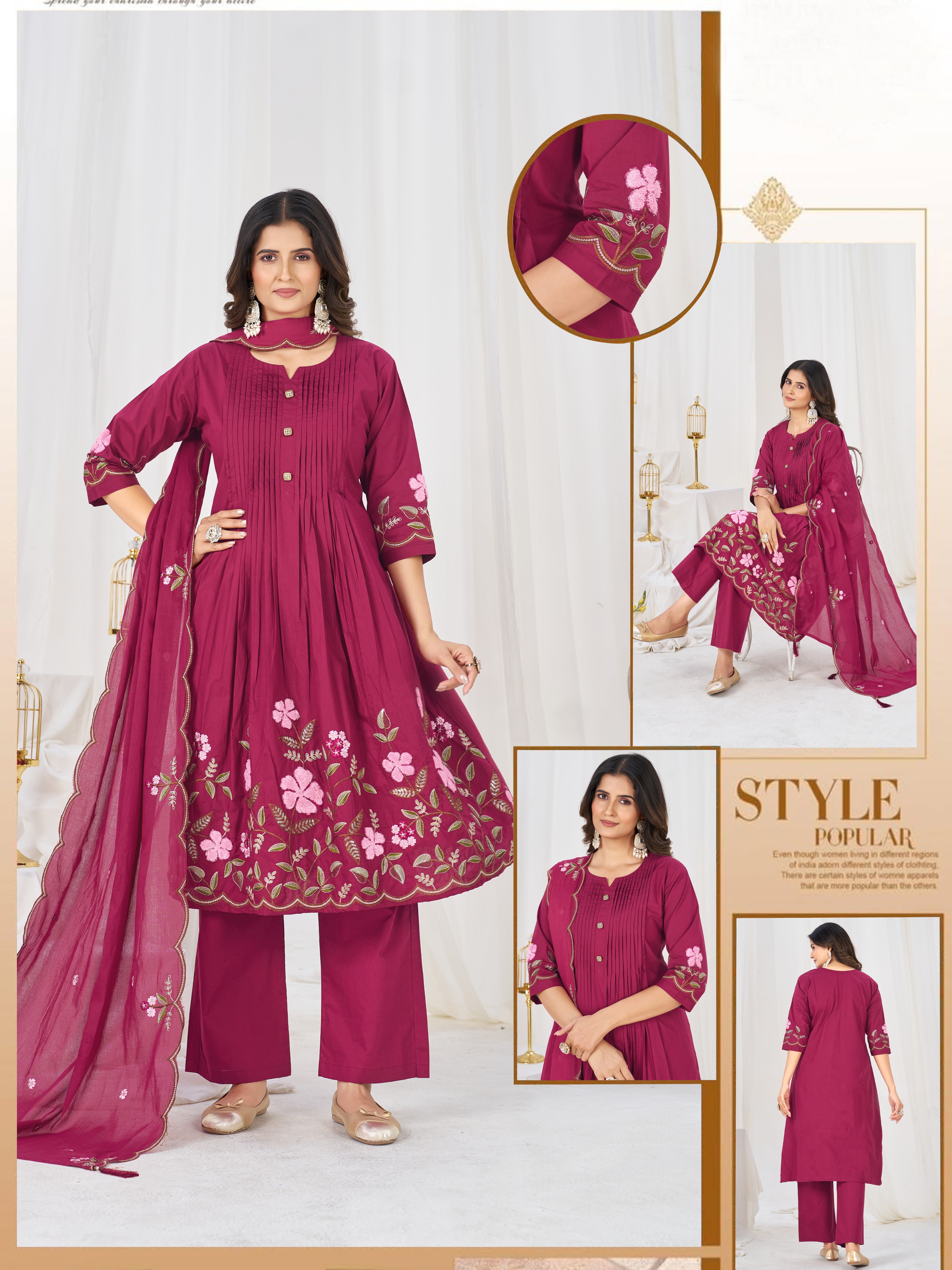 Pure Cotton Anarkali Kurti Set with Embroidered Dupatta   3 Piece Ethnic Suit Set