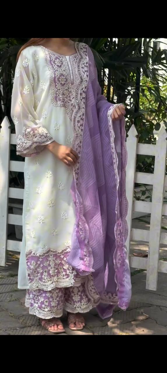 White & Lavender Georgette Embroidered Kurti Set with Pant & Dupatta for Women