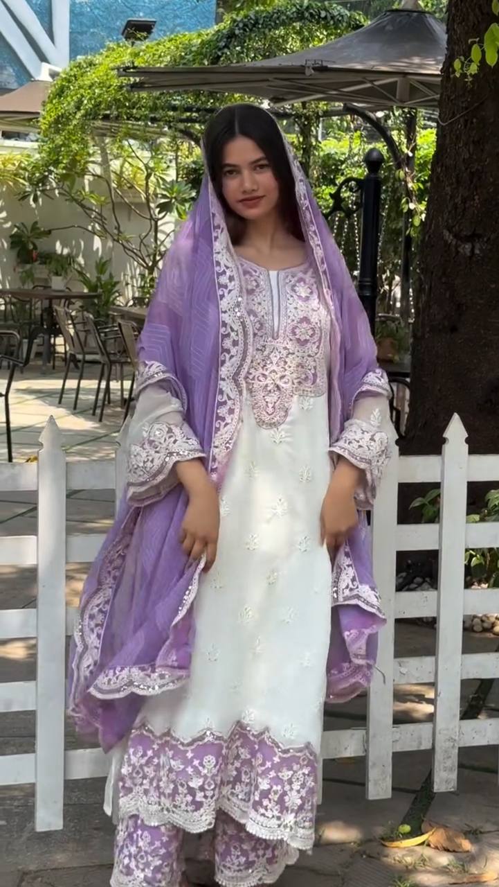 White & Lavender Georgette Embroidered Kurti Set with Pant & Dupatta for Women