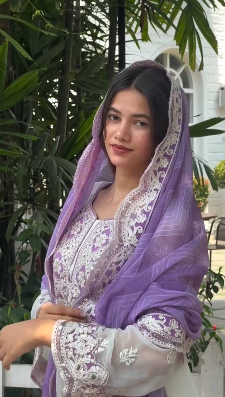 White & Lavender Georgette Embroidered Kurti Set with Pant & Dupatta for Women