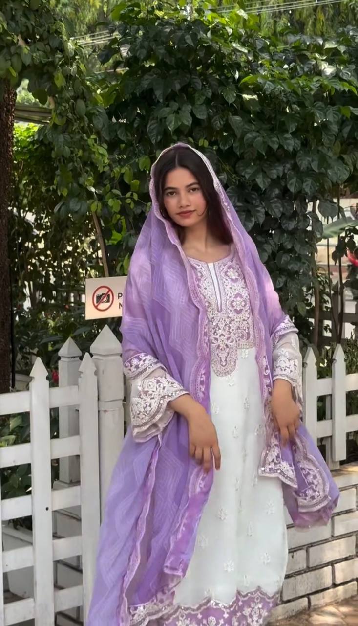 White & Lavender Georgette Embroidered Kurti Set with Pant & Dupatta for Women