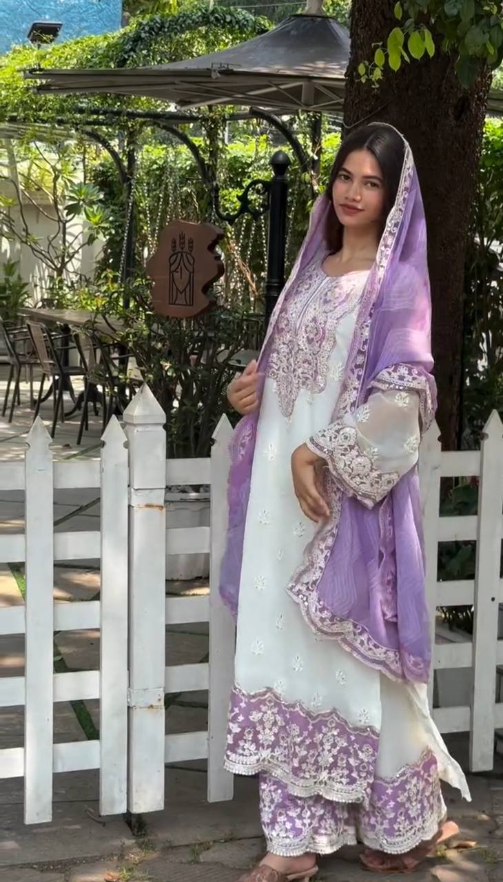 White & Lavender Georgette Embroidered Kurti Set with Pant & Dupatta for Women