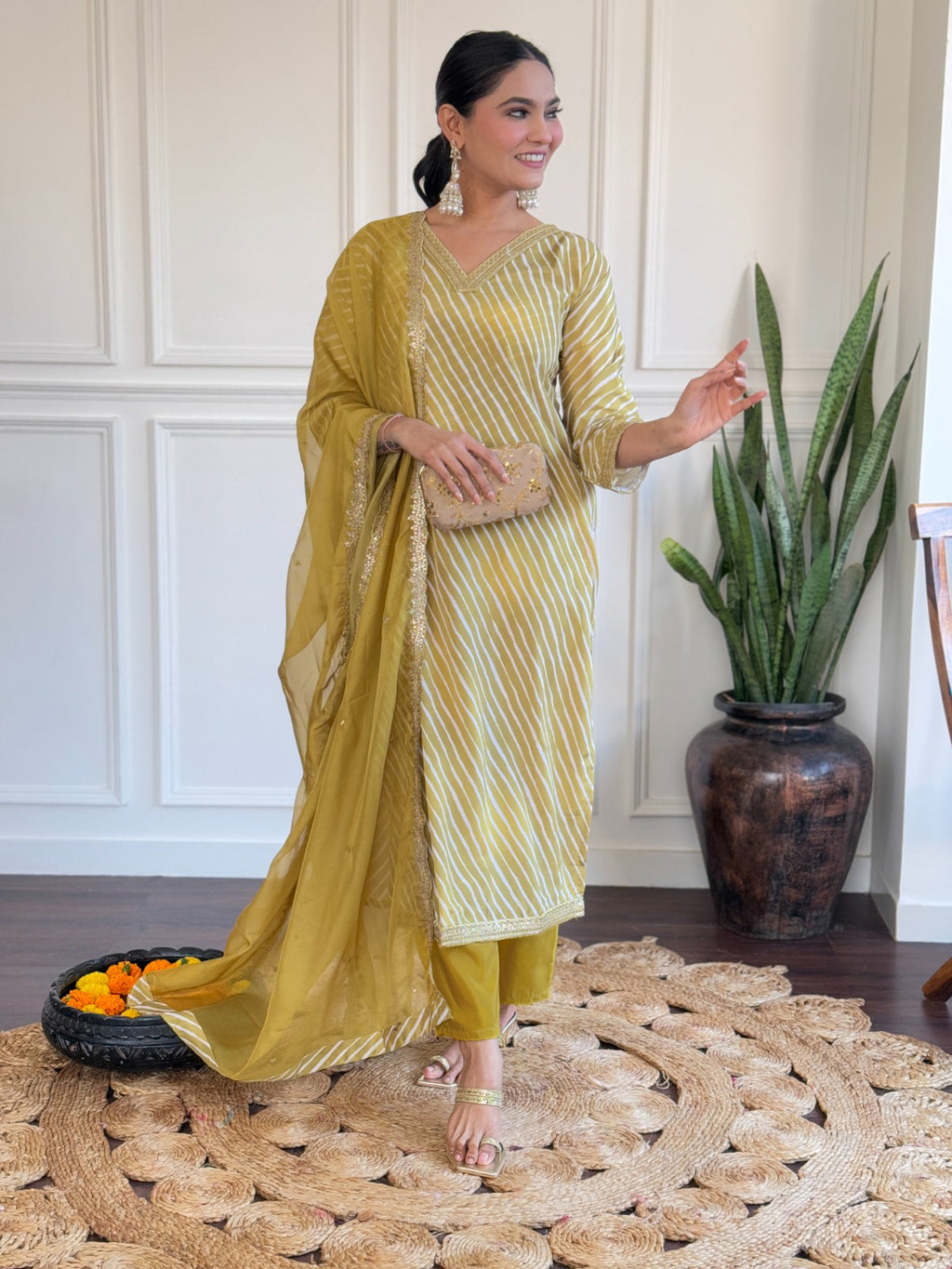 Yellow Viscose Embroidered Kurti Set with Pant & Dupatta for Women