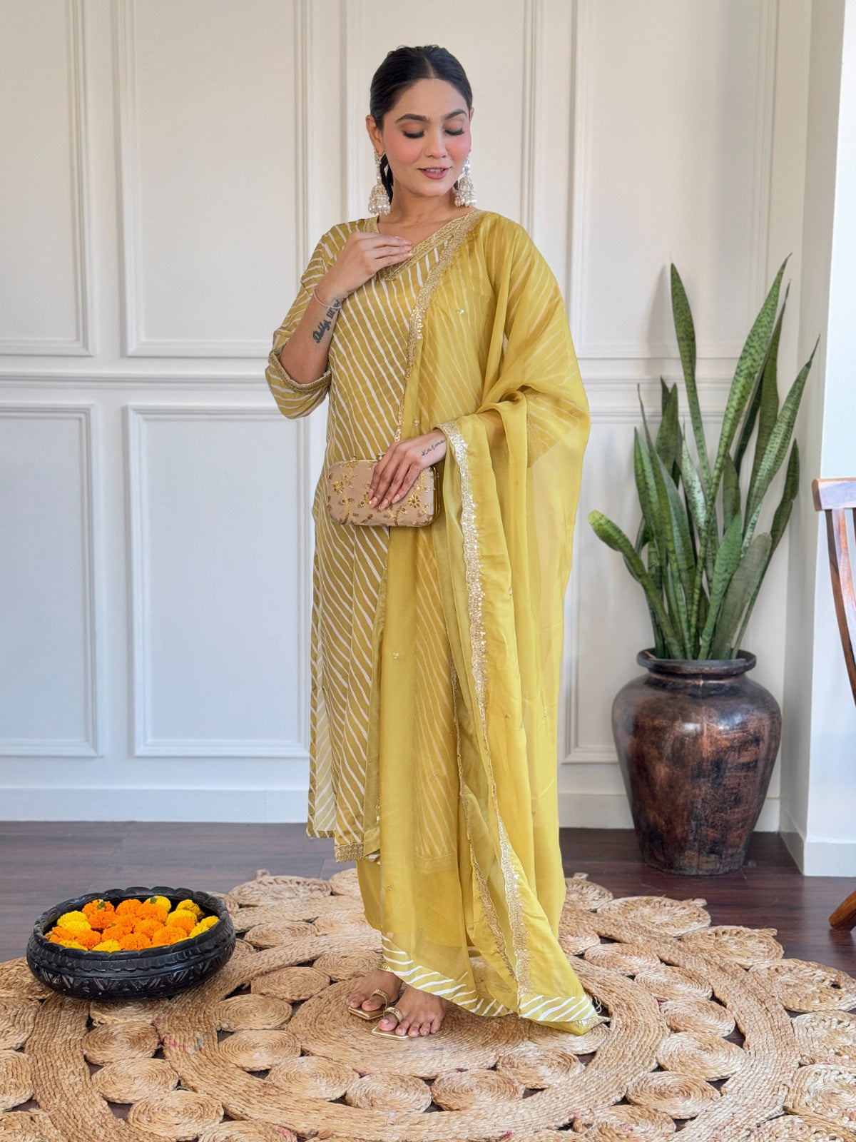Yellow Viscose Embroidered Kurti Set with Pant & Dupatta for Women