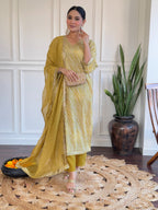Yellow Viscose Embroidered Kurti Set with Pant & Dupatta for Women
