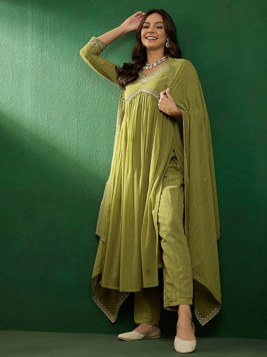Green Georgette Embroidered Kurti Set with Pant & Dupatta for Women