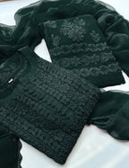 Olive Georgette Thread Embroidered Kurti Set with Pant & Dupatta for Women