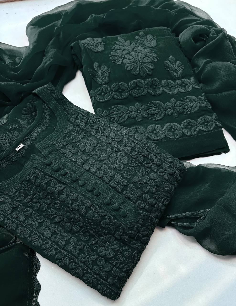 Olive Georgette Thread Embroidered Kurti Set with Pant & Dupatta for Women