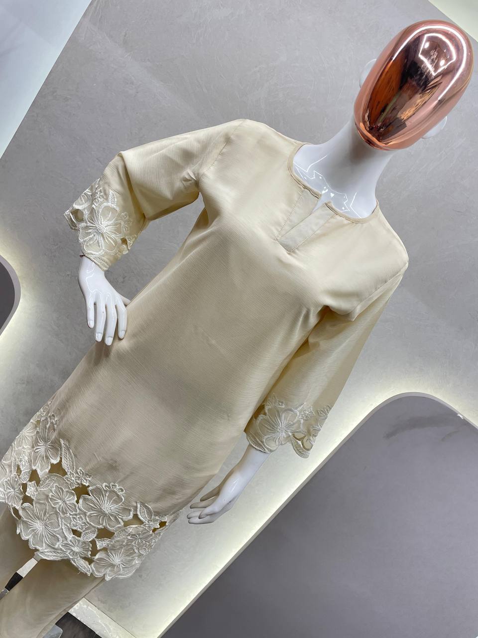 Cream Chinon Embroidered Co-Ord Set for Women