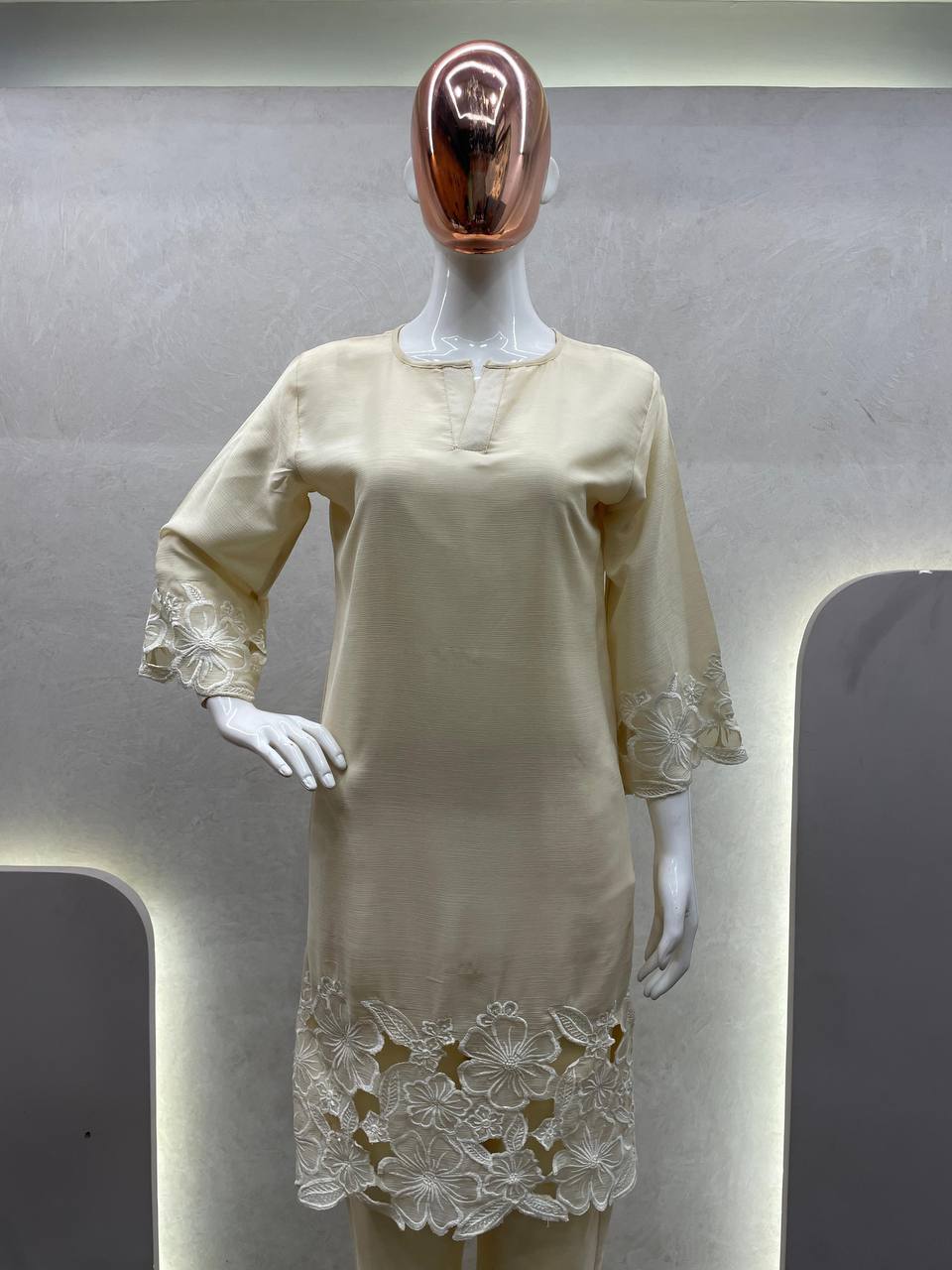 Cream Chinon Embroidered Co-Ord Set for Women