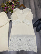 Cream Chinon Embroidered Co-Ord Set for Women