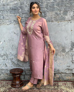 Pink Viscose Chanderi Embroidered Kurti With Pant & Dupatta Set for Women