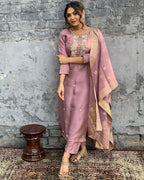 Pink Viscose Chanderi Embroidered Kurti With Pant & Dupatta Set for Women
