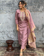 Pink Viscose Chanderi Embroidered Kurti With Pant & Dupatta Set for Women