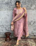Pink Viscose Chanderi Embroidered Kurti With Pant & Dupatta Set for Women