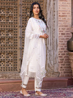 White Chanderi Embroidered Kurti Set with Pant & Dupatta for Women