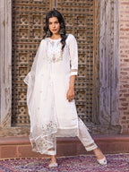 White Chanderi Embroidered Kurti Set with Pant & Dupatta for Women